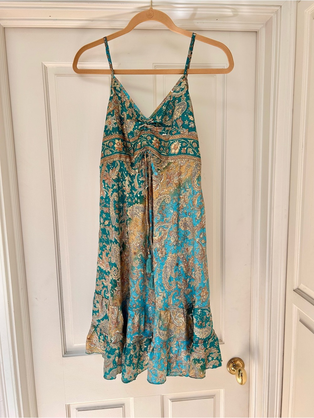 Karma Highway Teal Paisley Midi Slip Dress with Gold Accents